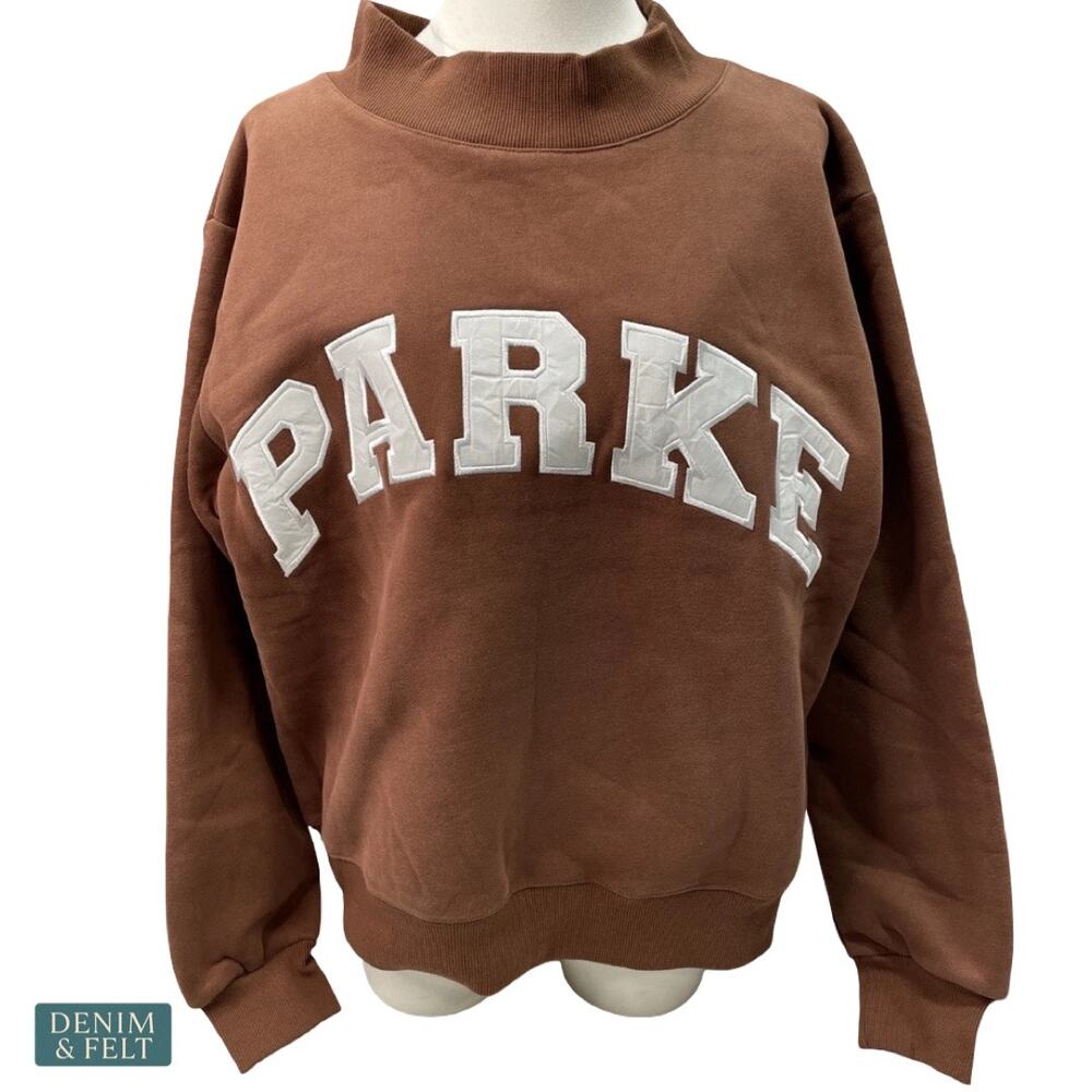 NEW Parke Varsity Mockneck Sweatshirt Brown Oversized Fleece Cozy Lounge Viral - Picture 5 of 16
